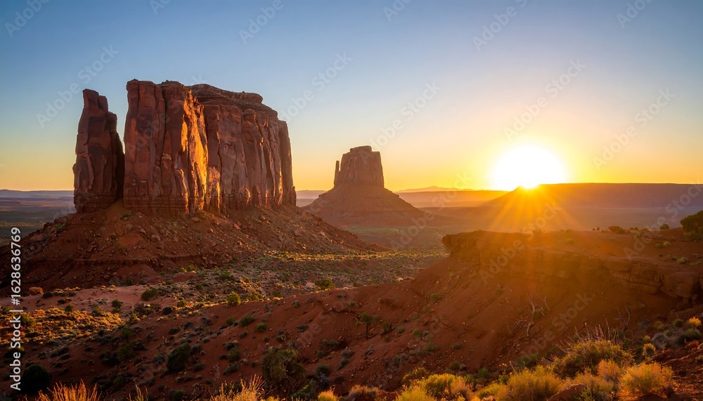 Fototapeta premium Sunrise Over Desert Buttes Landscape with Golden Light