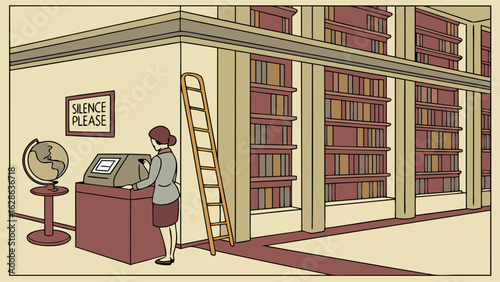 Woman researching in a quiet academic library. Female student or librarian using a computer near bookshelves.