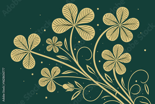 An elegant pattern with gold foil shamrocks on a deep green background vector illustration