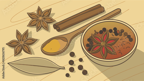 Aromatic cooking spices and herbs on a wooden kitchen background. Food ingredients, star anise, cinnamon, bay leaf, pepper.
