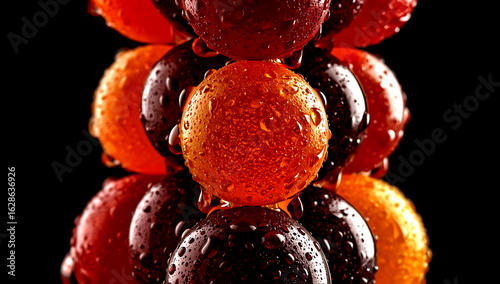 Juicy spheres drenched in droplets, glowing with flavor and radiant color energy.