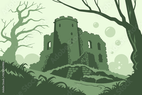 The ruins of an Irish castle in the mist with green fog vector illustration
