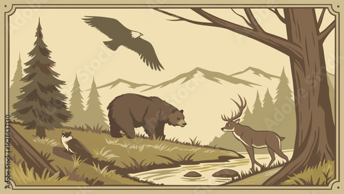 Wildlife animals in natural forest landscape. Bear, deer, eagle, and birds by a river with mountains. Nature wilderness scene.