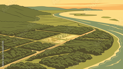 Aerial view of a beautiful coastal landscape with a winding river, green fields, forests, and distant mountains. Nature environment.