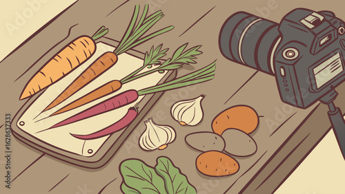Food photography flat lay with fresh healthy vegetables and camera on a rustic wooden table for cooking blog.