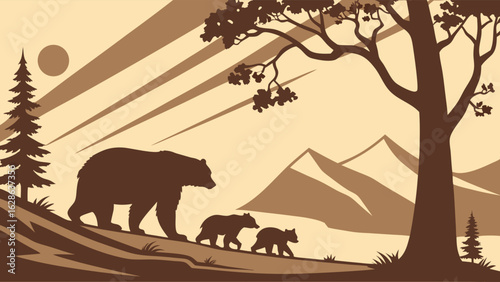 Vintage bear family walking in nature. Mother bear and two cubs silhouette on mountain path. Wildlife outdoor adventure.