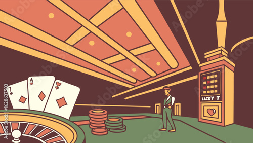 Casino gambling hall illustration with man, roulette, cards, chips, and slot machine. Entertainment and luck.