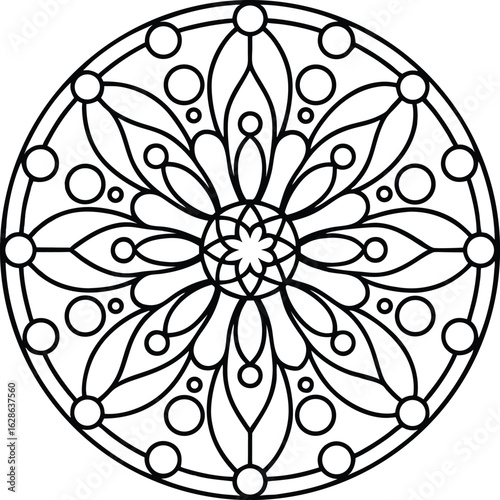 Intricate Floral Mandala: Geometric Pattern with Circular Accents for Coloring and Decorative Designs.                                                