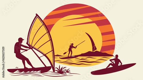 Water sports sunset silhouette illustration featuring windsurfing, paddleboarding, and kayaking on a lake. Summer recreation.