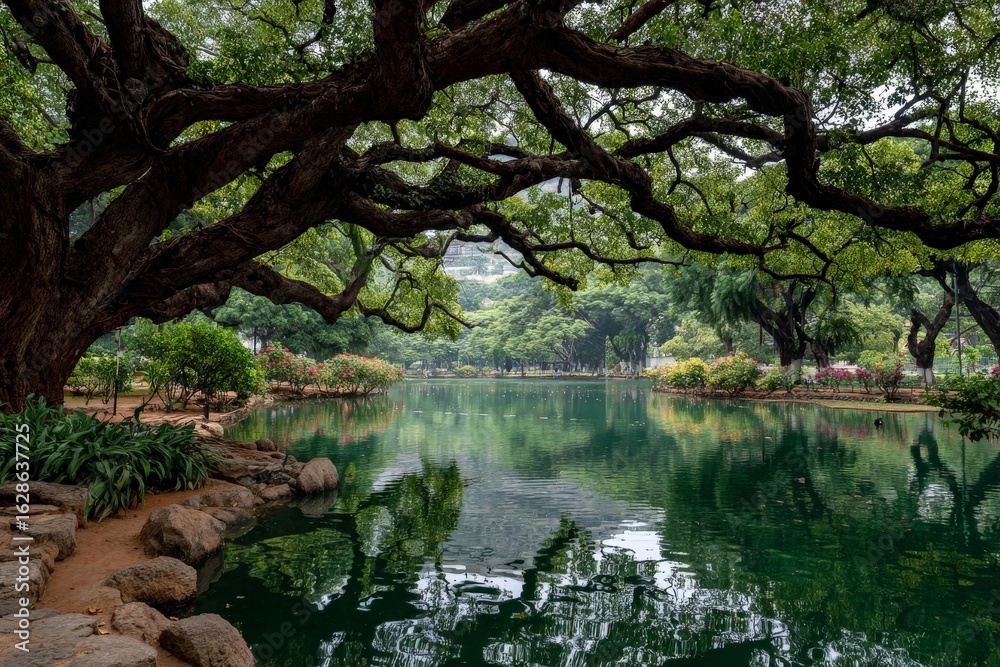 Obraz premium Tranquil reflections in a serene park with lush greenery and a calm pond