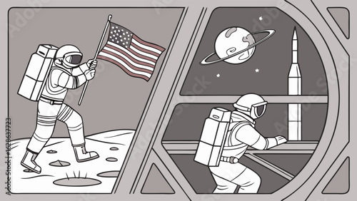 Space exploration past and future. Astronaut on moon with flag and astronaut in spaceship viewing planet and rocket.