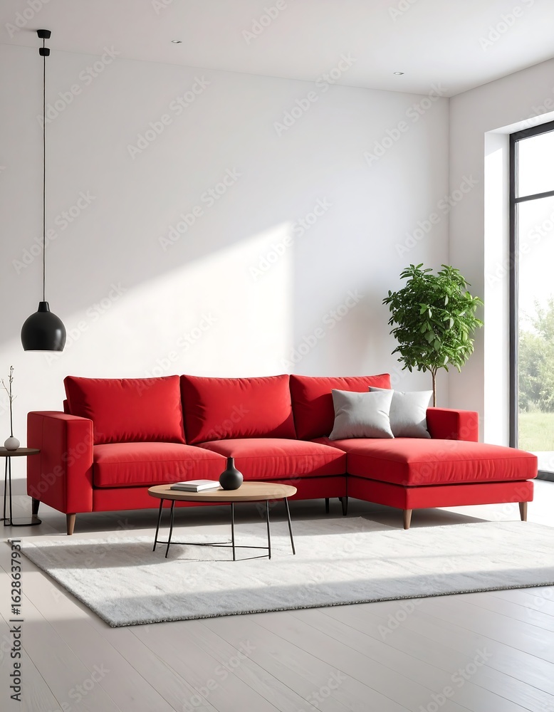 Fototapeta premium Red sectional sofa in modern living room (3)
