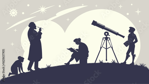 Generations of people stargazing with a telescope. Observing night sky, stars, moon. Astronomy, science, education, learning.