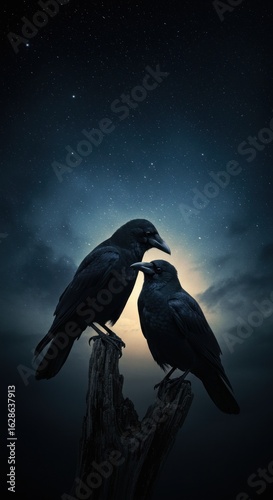 Two crows perched on a stump under stars