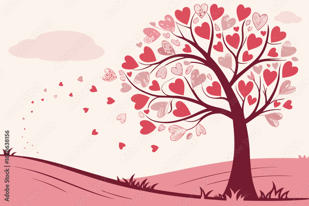 Fototapeta premium A love tree with heart shaped leaves and a soft pink sky vector illustration