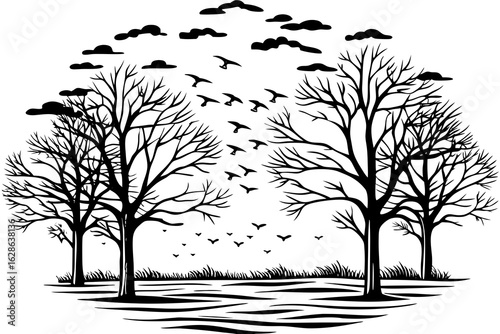 A landscape with migrating birds and leafless autumn trees vector illustration