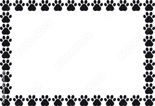 Paw print border . Black rectangle animal paw print frame . Dog paw prints border . Vector illustration