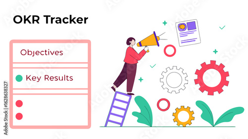 Illustration of okr tracker with objectives and key results, a person on ladder shouting with megaphone