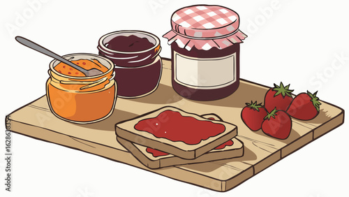 Jars of delicious fruit jam and marmalade with fresh strawberries and toast on a wooden board for breakfast.