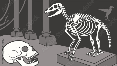 Human skull and dinosaur skeleton exhibit in a dark natural history museum. Ancient history, paleontology, science, education.