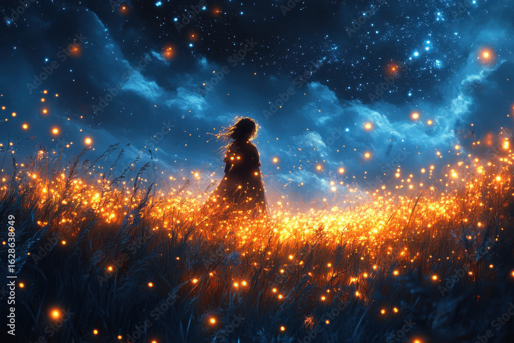 Fototapeta premium Girl surrounded by fireflies in a grassy field.