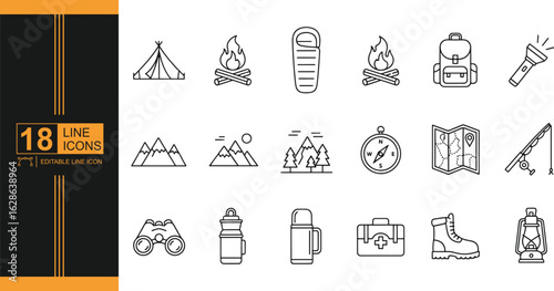 Camping and Outdoor Adventure Line Icons Set Collection for Travel and Vacation Planning and Exploration Supplies Elements