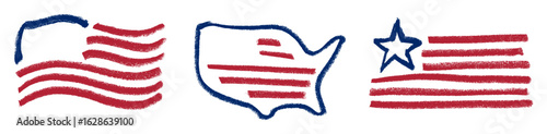 Simple American Flag Icons Crayon Chalk Drawing Doodle Vector Set