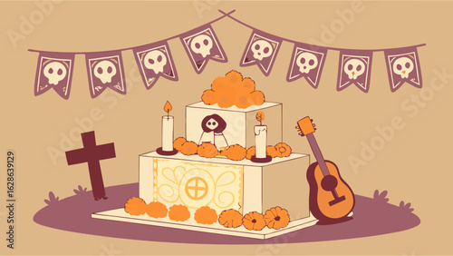 Day of the Dead altar with marigold flowers, candles, and skull banners. Traditional Mexican holiday celebration.