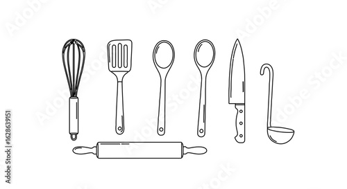 Kitchen utensils drawing vector illustration cooking tools whisk spatula spoon knife ladle rolling pin line art design