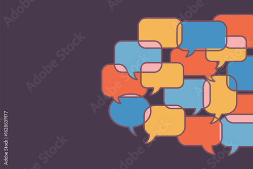 A vibrant cluster of colorful speech bubbles representing communication and conversation