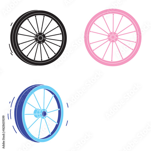 Three stylized bicycle wheels in black, pink, and blue, isolated on white background.