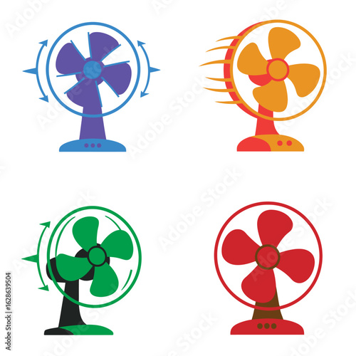 Four colorful illustrations of tabletop fans, showing different colors and positions of the blades.