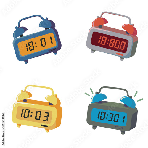 Four stylized alarm clocks, displaying different times and colors, isolated on a white background.
