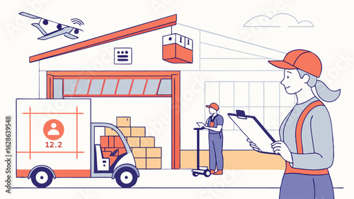 Logistics and supply chain management. Warehouse operations with delivery truck, drone, workers, and e-commerce automation.
