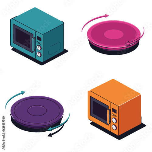 Isometric illustration of four microwaves with rotating plates, showcasing different colors and positions.