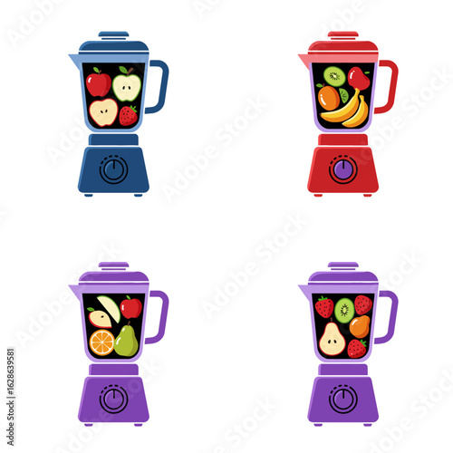 Four colorful blenders filled with various fruits, showcasing healthy smoothie ingredients.
