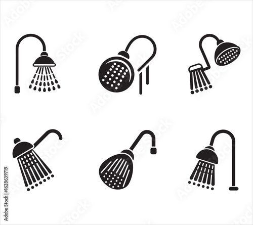 Collection of Shower Head Icon Illustrations in Black Silhouette Style for Bathroom and Plumbing Design Templates