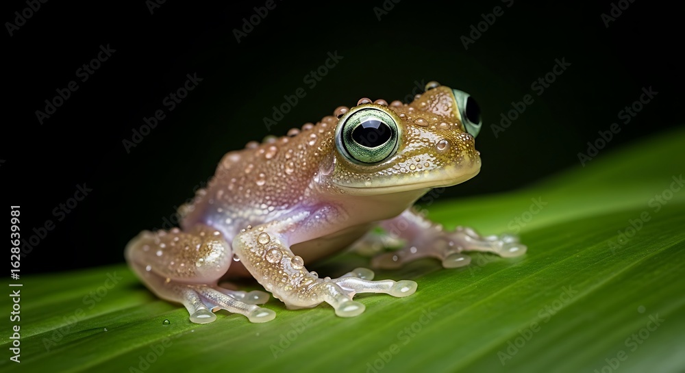Obraz premium A small tree frog with big eyes sits on a vibrant green leaf