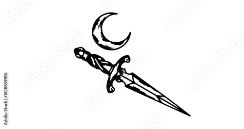 Dagger and crescent moon vector illustration for tattoo design or gothic art print and poster design