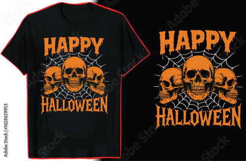 Happy Halloween T-shirt Design with Skulls and Spiderwebs skeleton