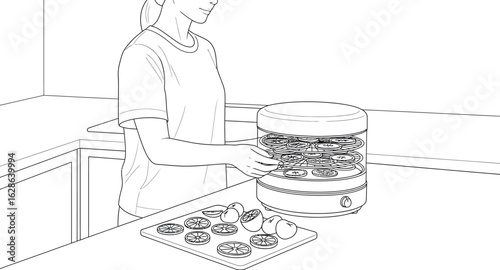 Woman Preparing Food for Dehydration in Home Kitchen | Food Dehydrator Line Art Illustration