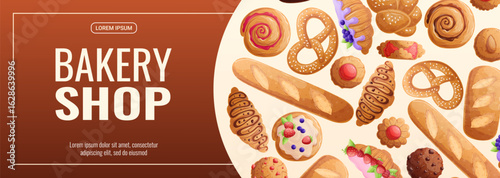 A template for a promotional banner for a bakery commercial. Various types of fresh pastries. The concept of confectionery, cooking. Vector illustration for posters, banners, flyers