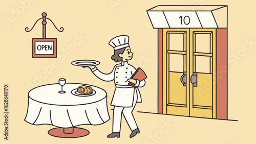 Restaurant chef or waiter serving food. Hospitality staff working in cafe. Small business vector illustration.