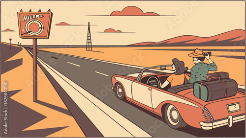 Vintage couple on a desert road trip in a classic convertible car. Summer travel adventure, freedom, vacation journey.