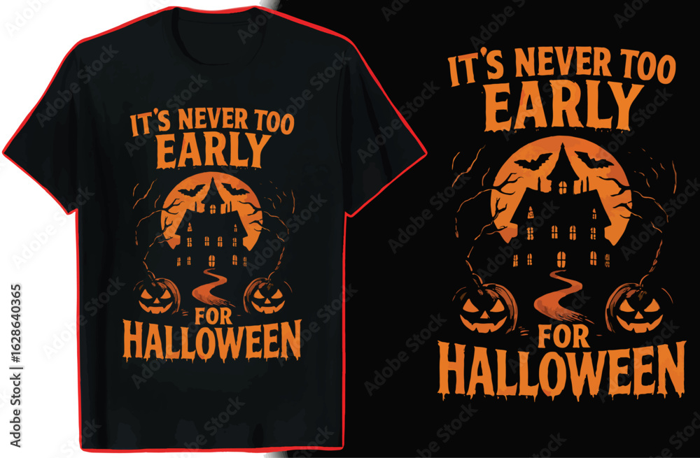 Fototapeta premium Never Too Early for Halloween Haunted House with Bats, Pumpkins, and Full Moon vector illustration