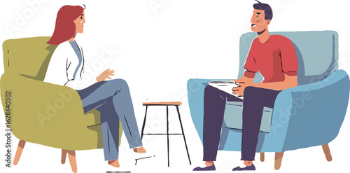 Illustration of Therapy Session with Two People in Armchairs and A Small Wooden Stool