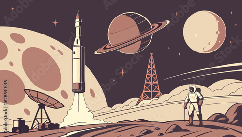 Astronaut watches rocket launch from distant planet. Space exploration, cosmic journey with Saturn and Moon in the universe.