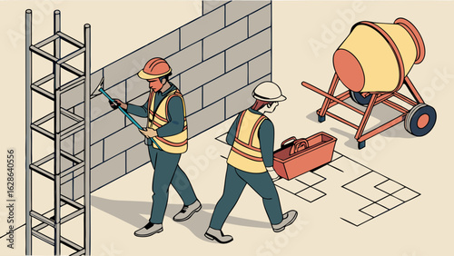 Construction workers building a wall and rebar on a construction site with a cement mixer. Builders and industry.