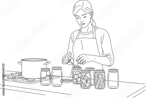Woman Canning Homemade Pickles and Preserves in Jars - Food Preparation Illustration
