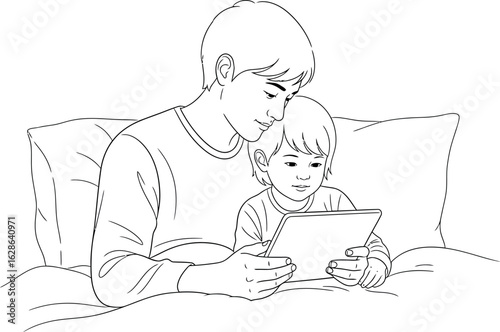 Father and Child Bonding with Tablet in Bed - Line Art Illustration